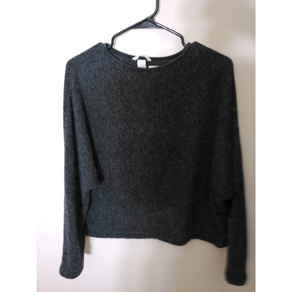 H&M Knit Sweater Women S Charcoal Gray Boxy Fuzzy Crew Neck Relaxed Minimalist
